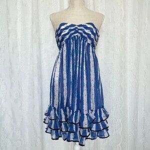 Y2K Betsey Johnson Women's Mini Dress 4 Blue Strapless Babydoll Stripe Prom NWT